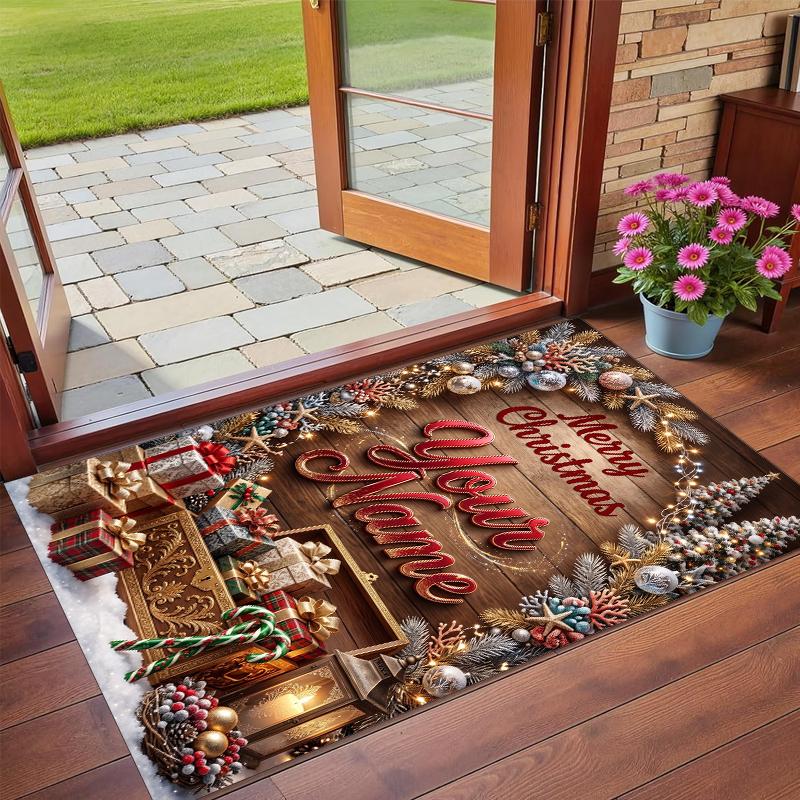 Christmas Custom Name Printed Square Area Rug Soft Non Slip Floor Carpet For Bedroom Holiday Gift