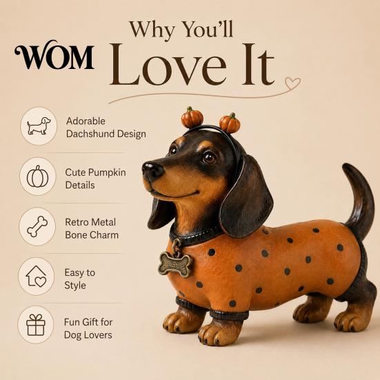 Whimsical Autumn Room Accessories Fall Harvest Dachshund Figurine, Halloween Statue with Pumpkin Headband Polka Small Ornament for Fireplace