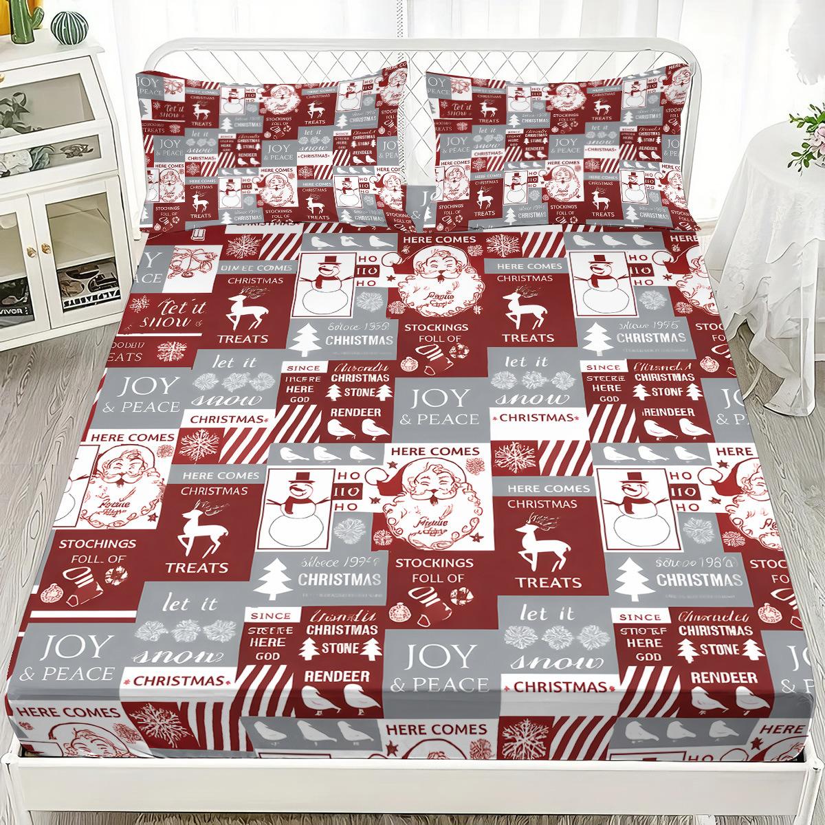 

Christmas Design 3-Piece Bed Sheet Set - 100% Polyester, Digital Print, Breathable All-Season Fitted Sheet and Pillowcase Set 90x200x25cm