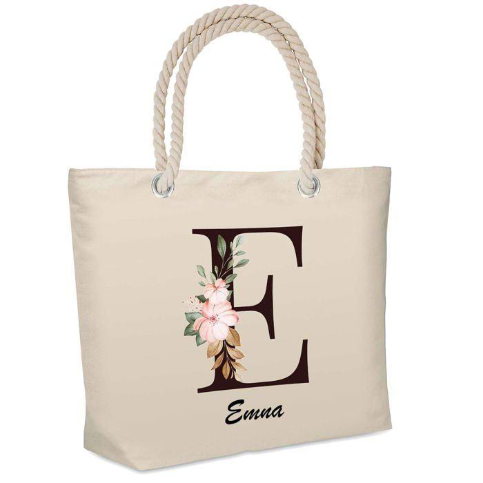 Sac de plage - PLANETEE - Emna Lettre Fleur - Coton naturel - Isotherme - Grande contenance