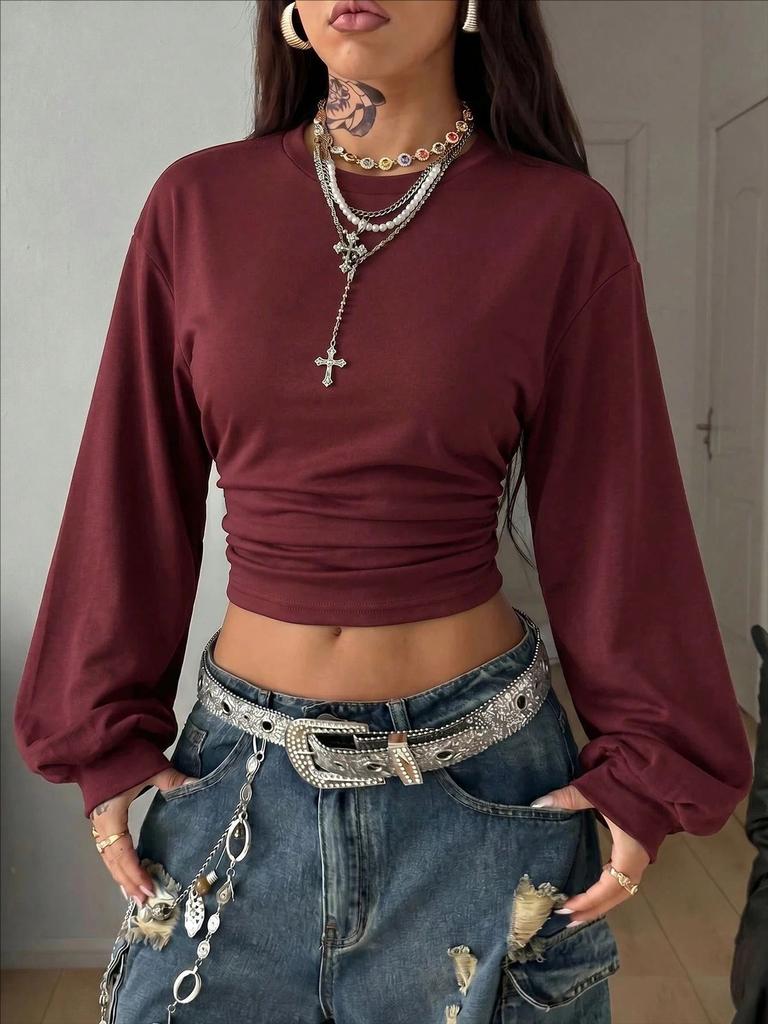 Damen Langarm Crop Top Hoher Hals Raffung Vorne Lässig Einfarbige Streetwear Pullover