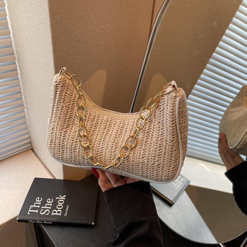 Summer New Versatile Fashion Grass Woven Retro Baguette Armpit Bag Simple Literary One Shoulder Portable Messenger Bag Women