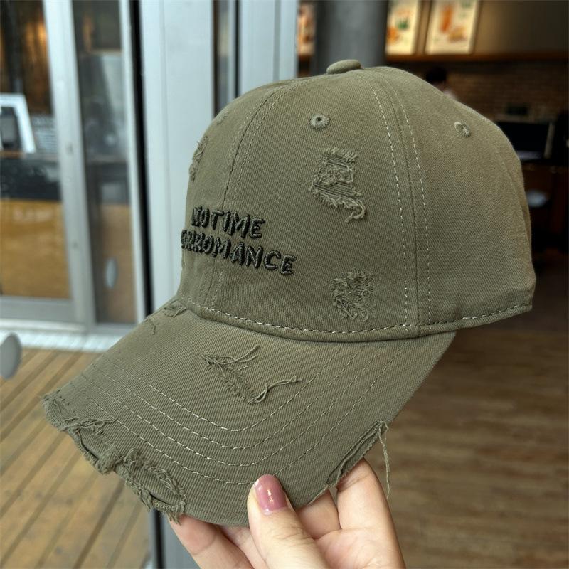 

Ripped Baseball Cap Letter Embroidery Washed Cotton Cap Small Face Wide Brim Soft Top Sun Cap adjustable