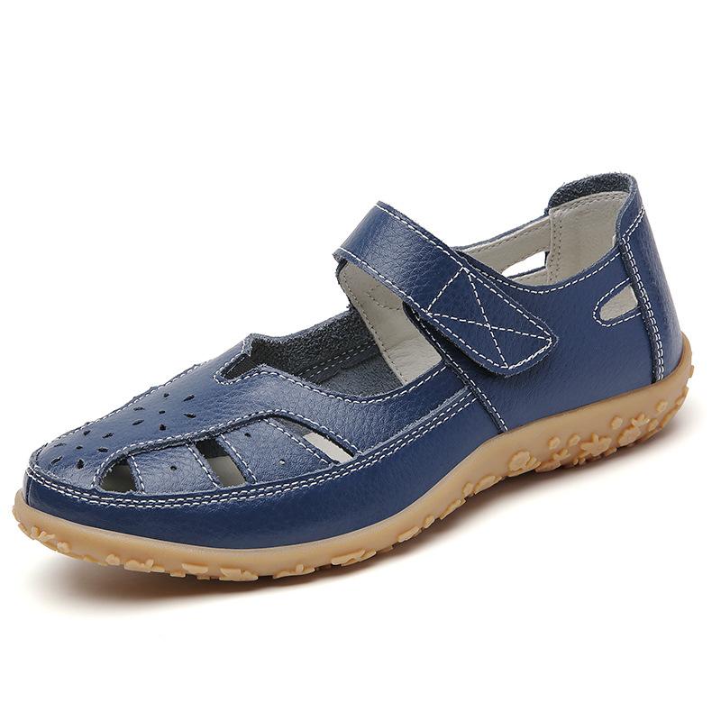 Große Sandalen für Damen Flache Sohle Lochschuhe Rutschfeste Außen-Sandalen Echtes Leder Rindsehne Weiche Sohle Mutterschuhe