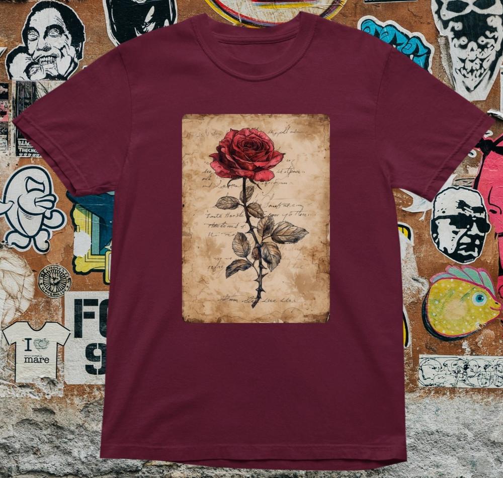Винтажная Красная Роза Футболка Романтическое Ботаническое Искусство Антикварный Шрифт Эстетика Унисекс Унисекс Футболка S