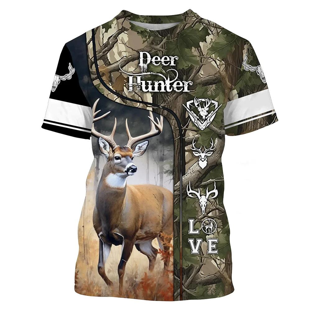 2024 Men's Hunting Deer Pattern Printed Summer O-neck T-shirt Casual Short Sleeve Fashionable Street Clothing Men's Clothing