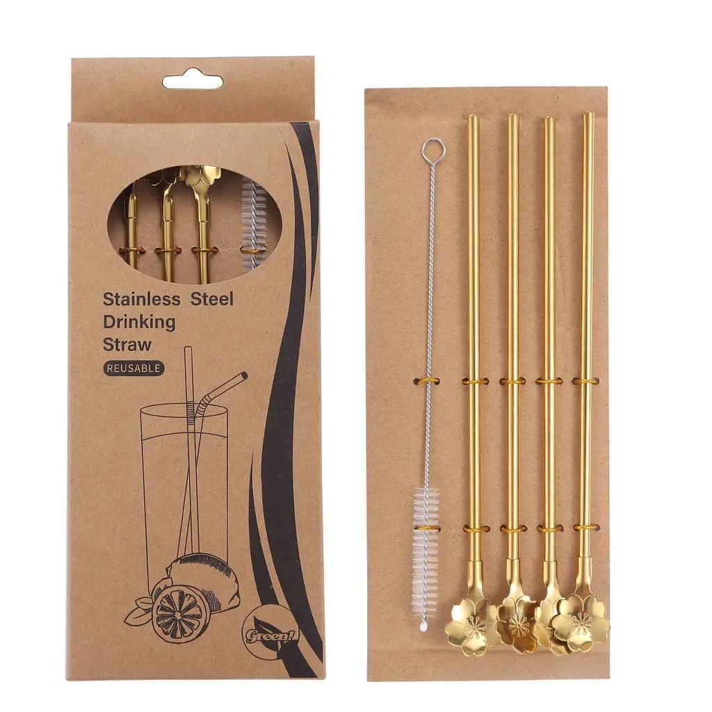 Cherry Blossom Straw Spoon Set with Cleaning Brush Stirring Spoon 304 Stainless Steel Summer Drink Cocktail Party BarAccessories