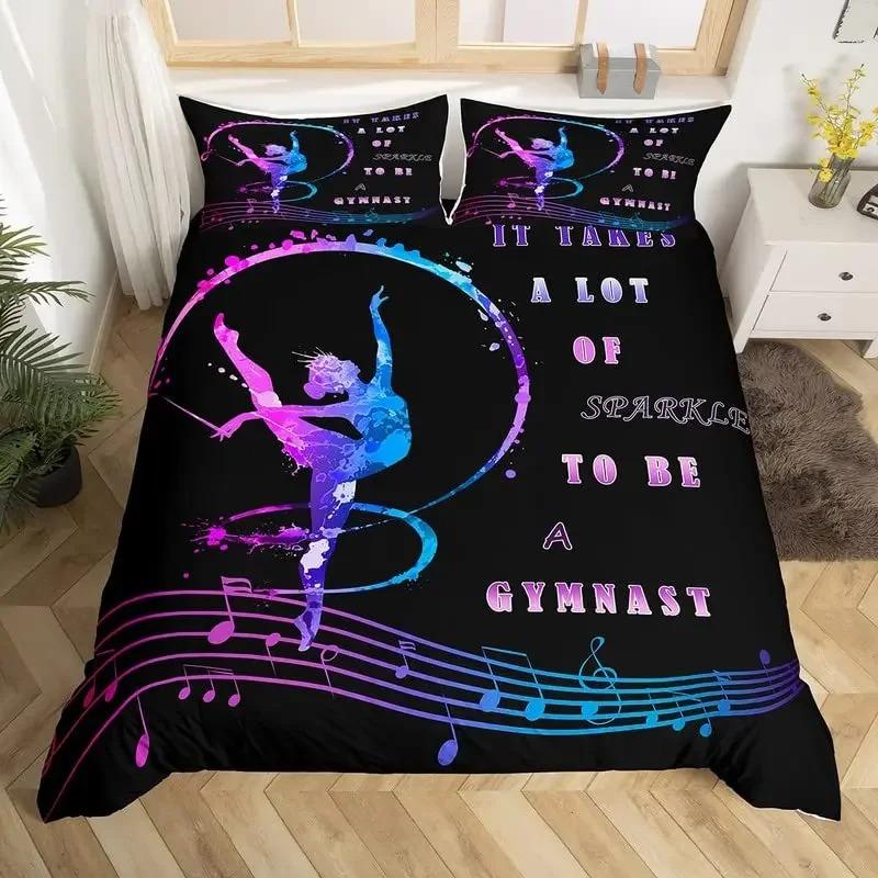 Neon Pink Gymnastics Ballet Dance Bedding Set, Love Gymnastics Theme Duvet Cover Set Polyester Quilt Cover