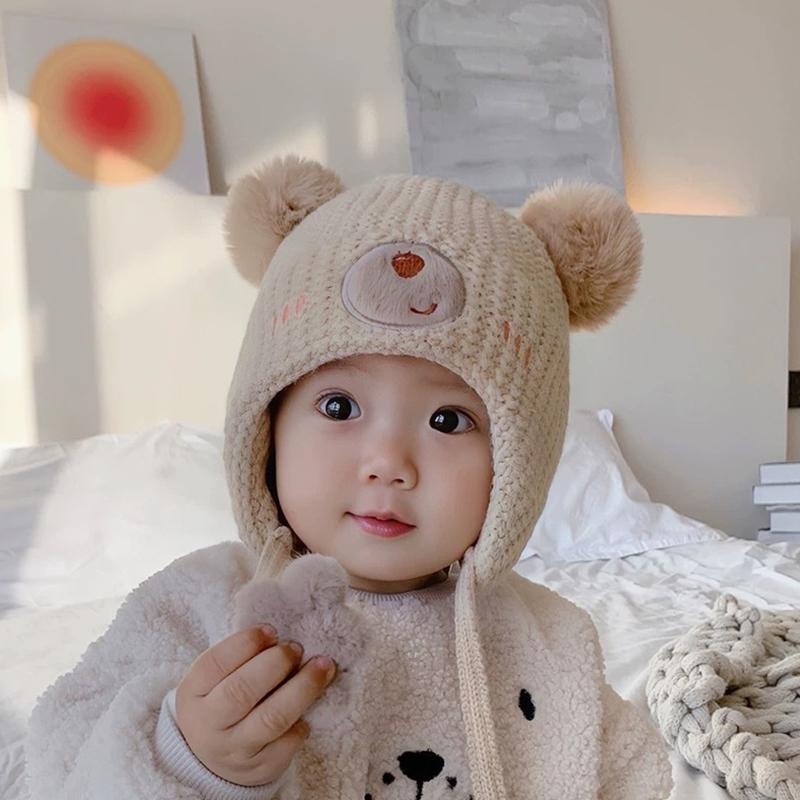 Baby Wool Hat For Boy Girls Cute Bear Ear Protection Hat Children Winter Thickened Warm Knitted Korean Cute Pompom Baby Hat