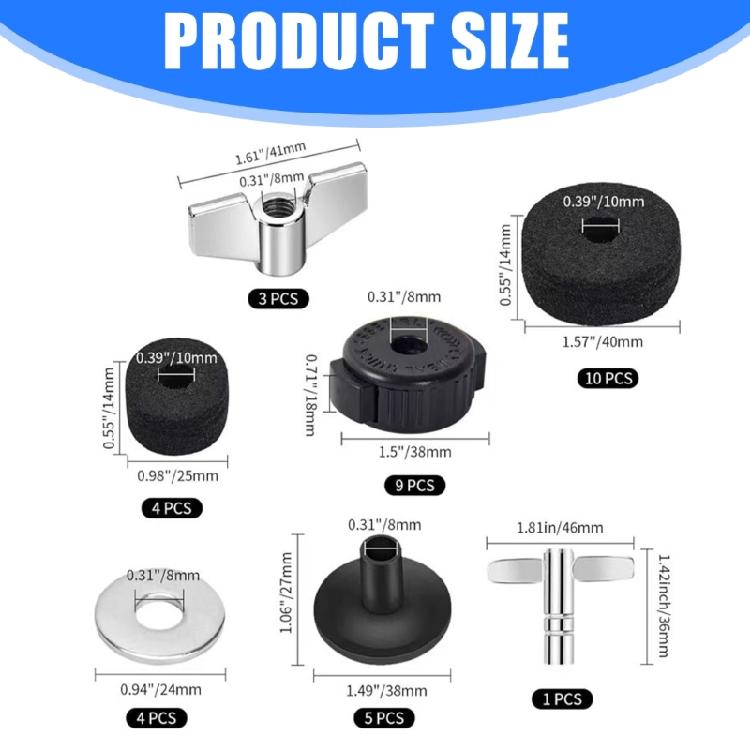 Essential Drum Cymbal Accessories 36 Piece Collection Contains Felts Wing Bolts Washers Sleeves And Key For Reliable Function
