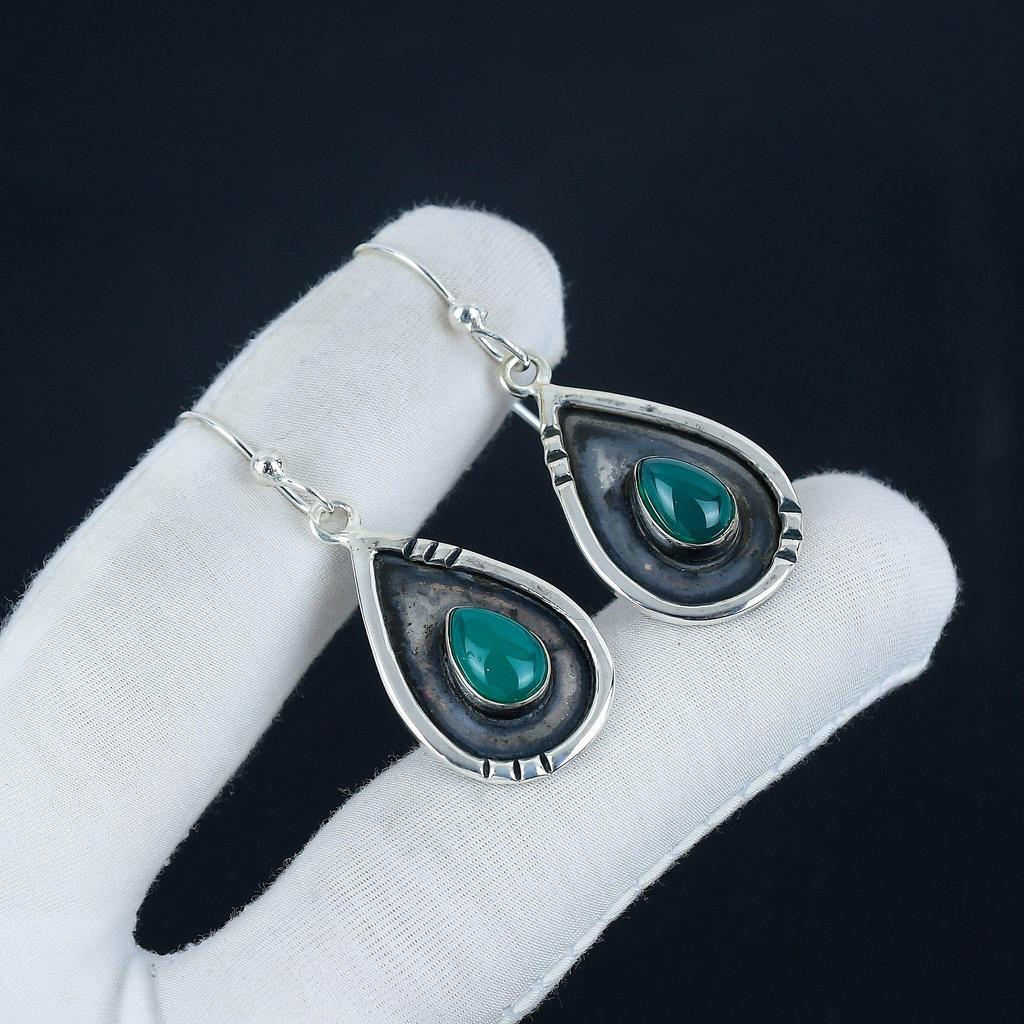 Natural Green Onyx Gemstone Earrings, 925 Sterling Silver Earring, Handmade Boho Silver Jewelry Dangle Earrings, Anniversary Gift