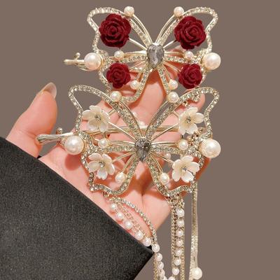 Elegant Butterfly Tassel Hair Stick with Rhinestone Pearl Detail Flower/Velvet Rose Design Retro Chinese Style Women's Accessory