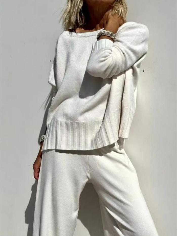 Spring 2025 Elegant Knit Wide-Leg Pants & Sweater Set - Casual Two-Piece Ensemble