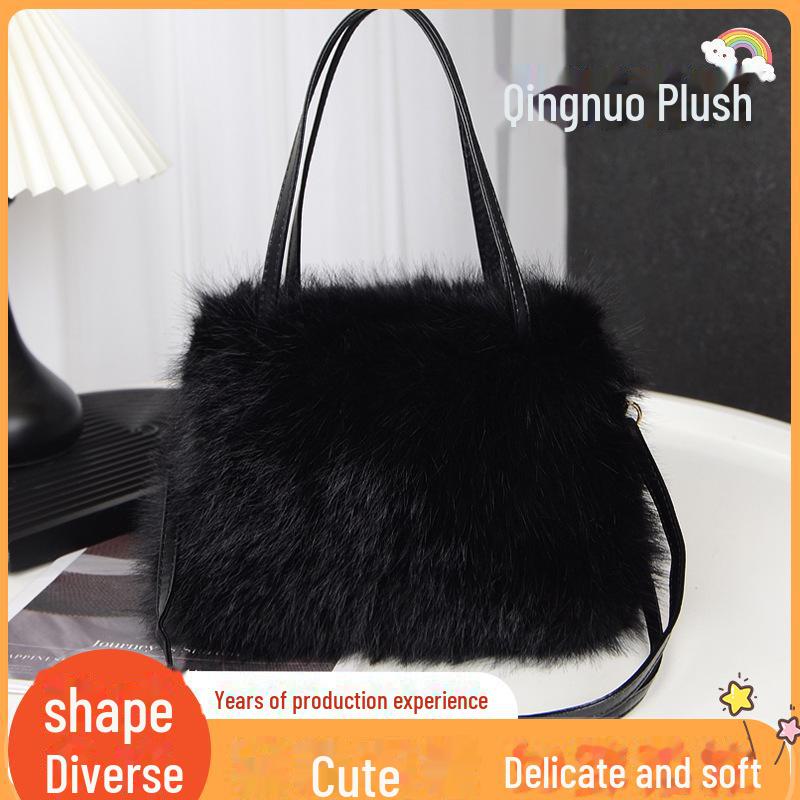 

Женская плюшевая сумка через плечо - искусственный мех лисы, на одно плечо, небольшой квадратный дизайн, однотонный цвет, модная осенне-зимняя коллекция null чёрный