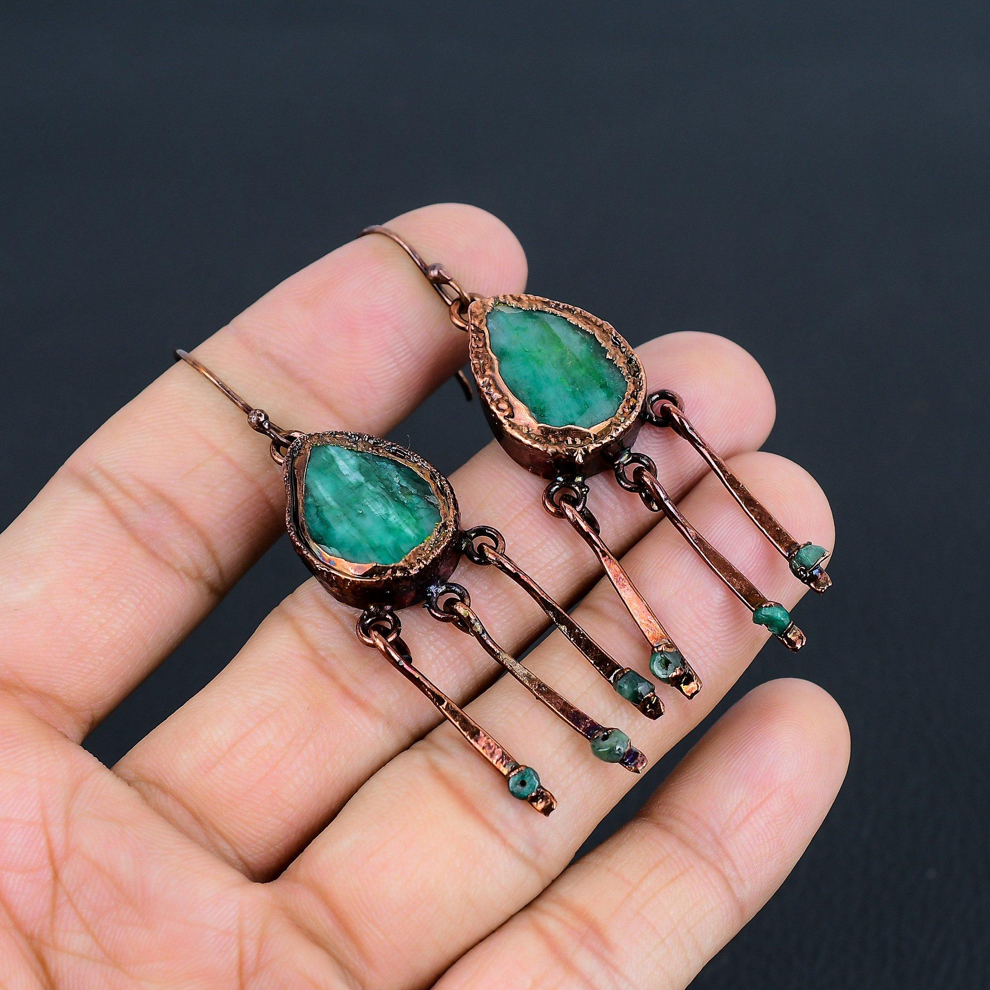 

Серьги из электроформованной меди с изумрудом, Ювелирные изделия из драгоценных камней ручной работы, Подарки для жены, Совершенно новые серьги 2.55 Inches