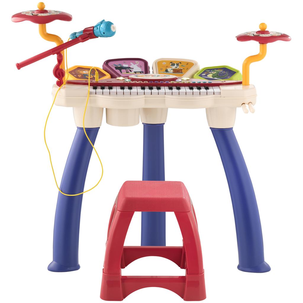 2-in-1 Kids Music Set Piano and Electronic Drums with Microphone and Stool