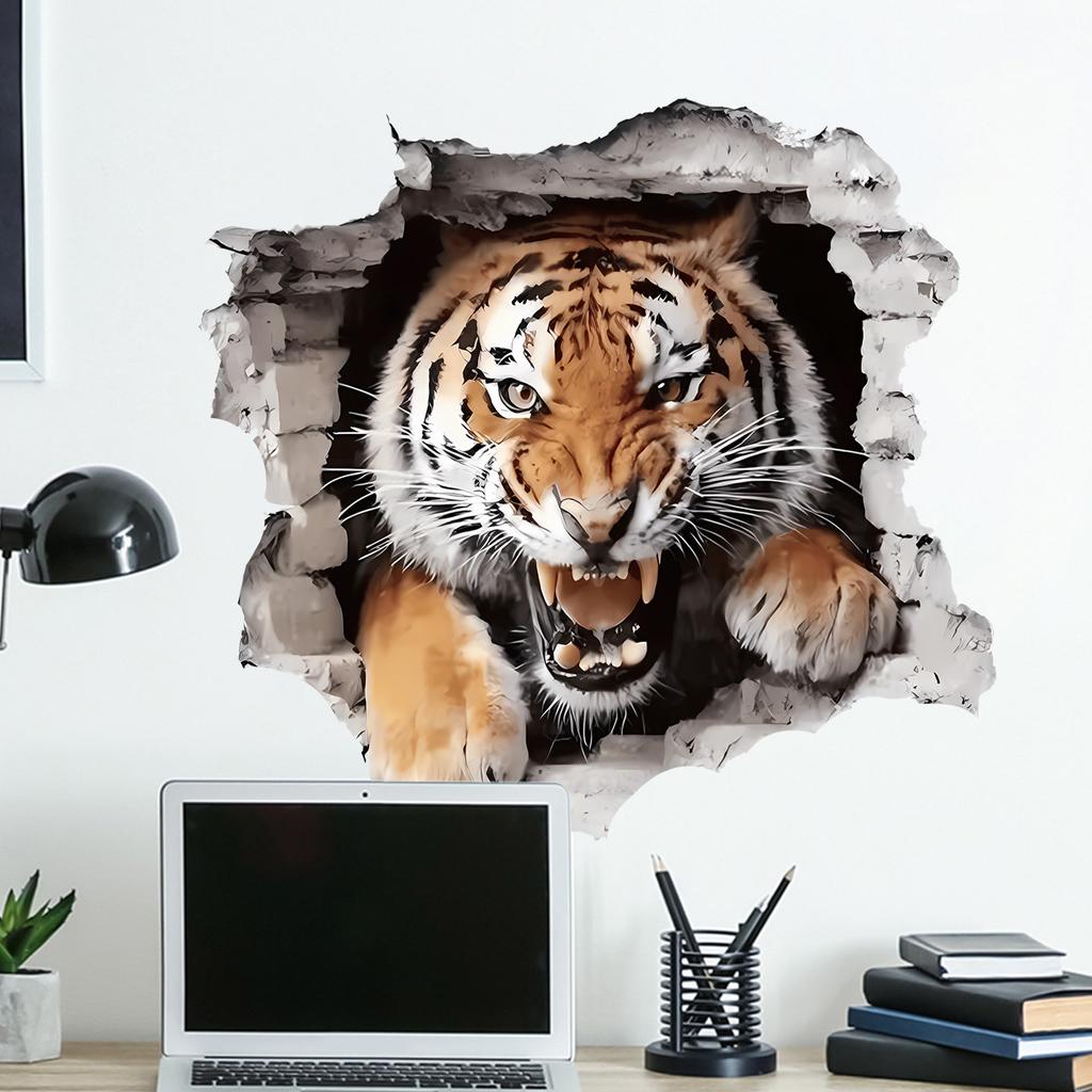3D Tiger Wall Sticker Self Adhesive for Kids Room Entrance Home Decor Breakthrough Illusion Design