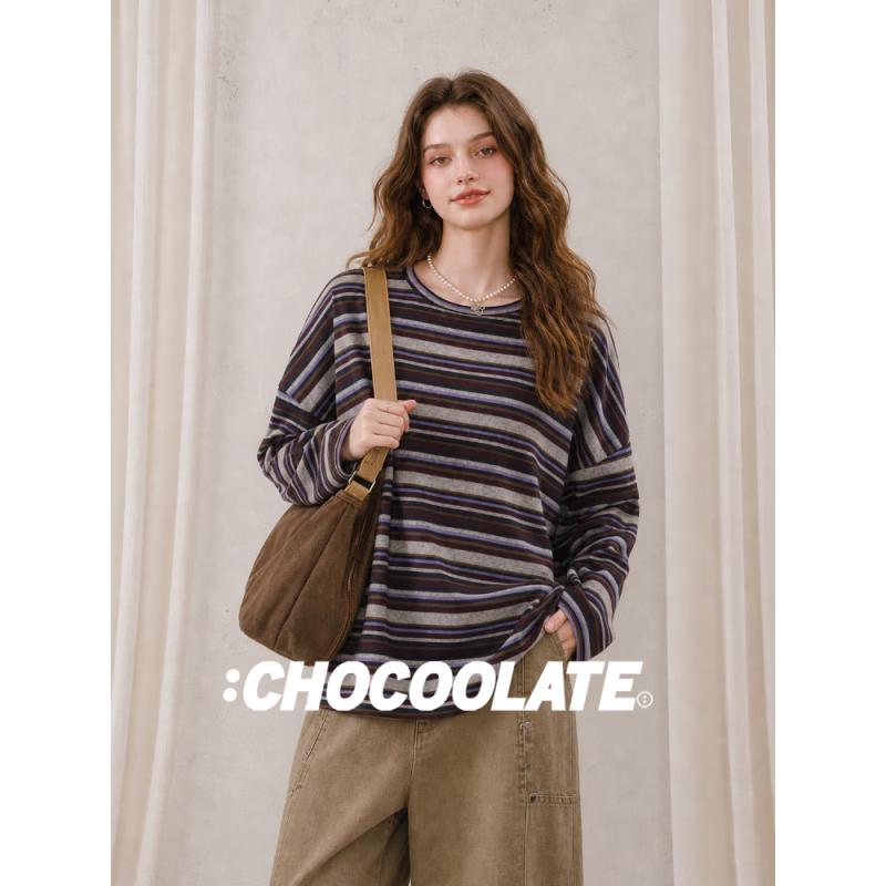CHOCOOLATE Women's Retro Striped Long Sleeve T-Shirt