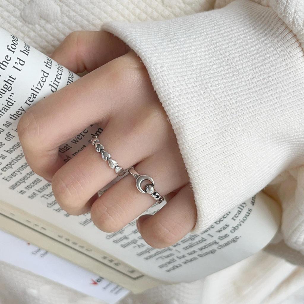 Korean Cable Knit Open Ring with Silver Beads - Niche Design Index & Tail Ring