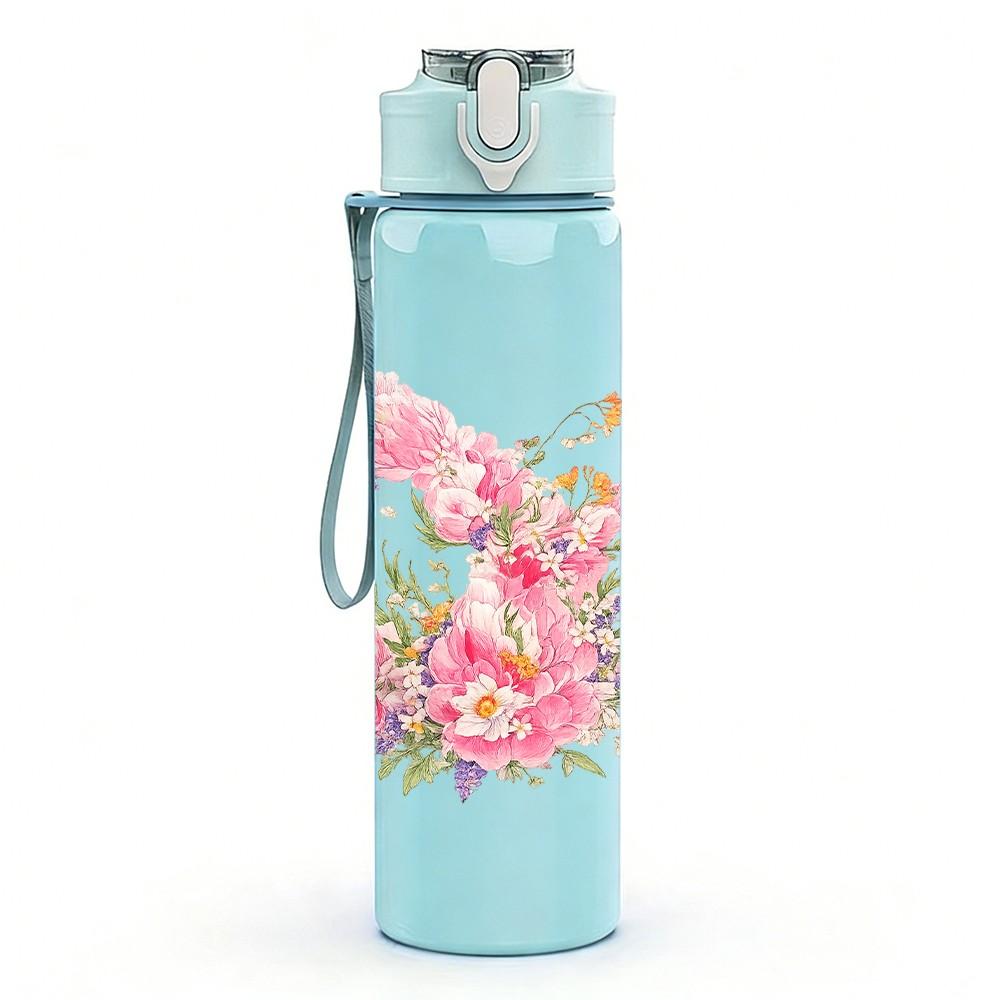 1PC Soft Pink Spring Flower Blossom Print 750ml Color Plastic Sports Water Bottle Leakproof Flip Straw Lid Suitable for Sports Office Home Use