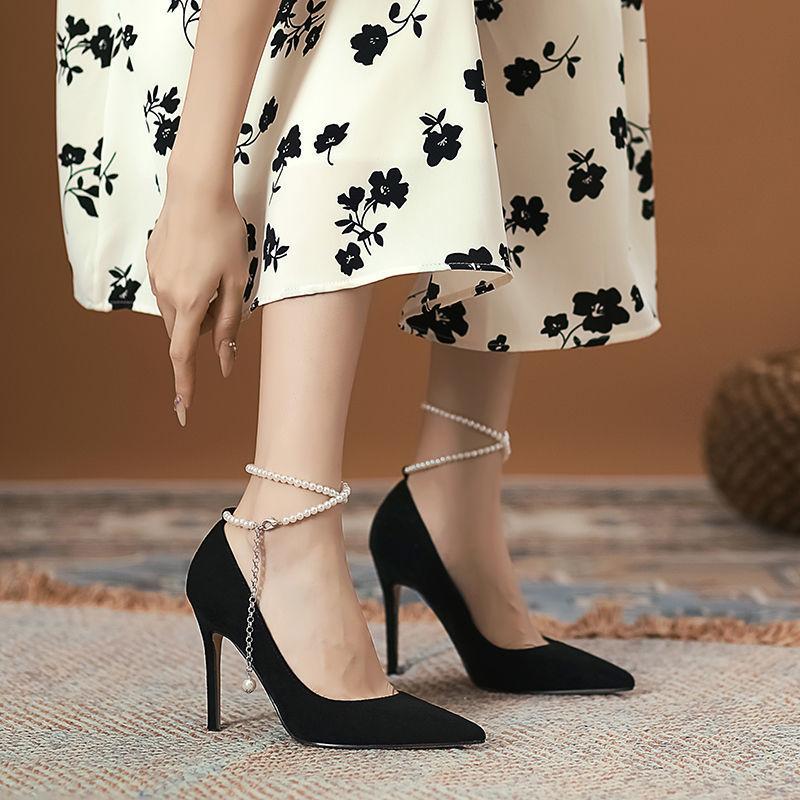 High Heels Female New Fairy Pointed One-word Buckle Suede Black Stiletto Premium Non-slip Pearl Single Shoes