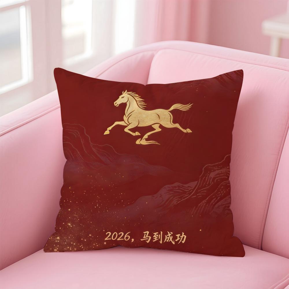 Lucky Chinese New Year red horse art  Cushion Cover Pillowcase Short Plush Invisible zipper Room Sofa Cushion Cover