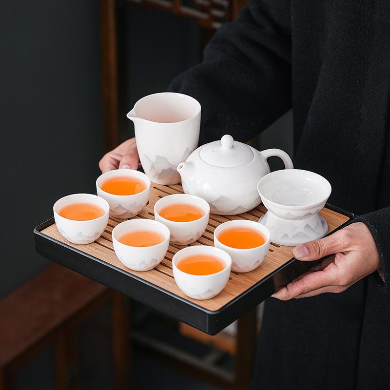 Suet jade white porcelain ink Kung Fu tea set high-end household tea