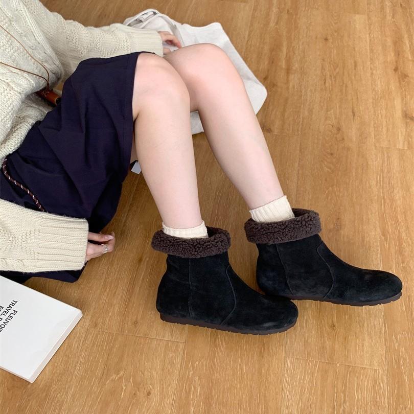 Snow cotton boots women's big head ugly cute bread shoes lapel two wear Boken shoes matte leather retro velvet flat boots