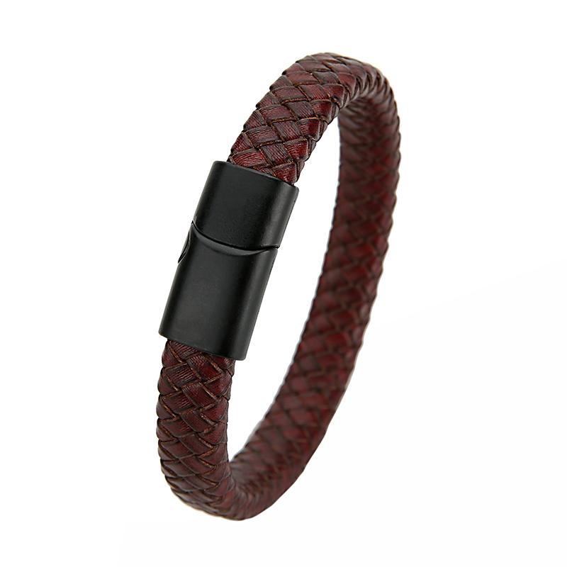 Mibrow Czarna Skórzana Pleciona Bransoleta Męska Rozmiar 10x5 12x6mm Modny Metalowy Magnetyczny Zapięcie Bransolety Owijane Punkowy Charm Biżuteria Męska