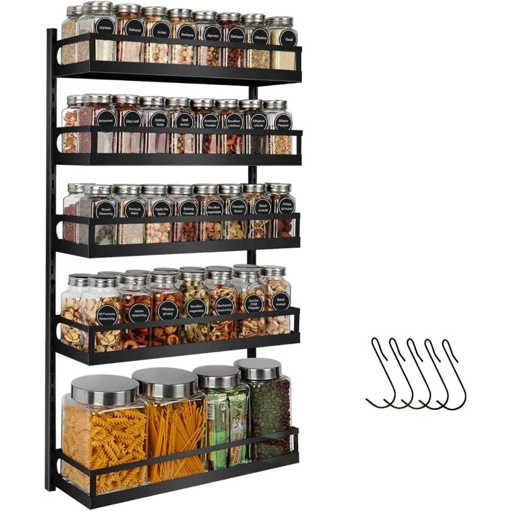 

Wall Mount Spice Rack Organizer 5 Tier Height-Adjustable Kitchen Pantry Cabinet Door, Dual-Use Seasoning Holder Rack with Hooks