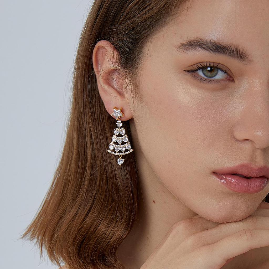 E0541 Boucles d'oreilles arbre de Noël haut de gamme pour femmes: Style Européen & Américain, Cuivre avec Zircon Plaqué Or