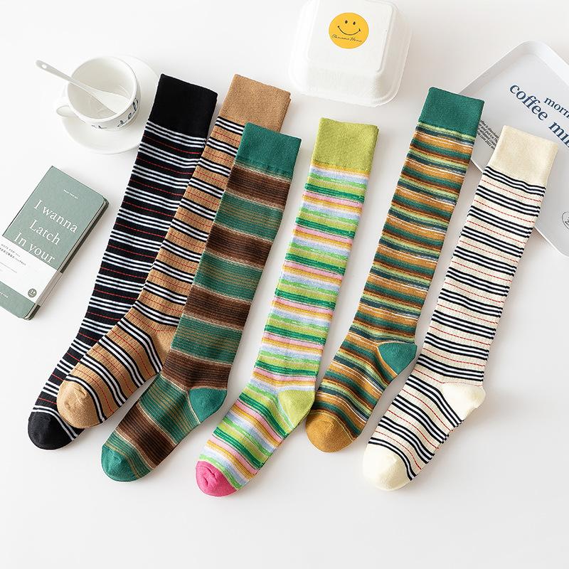 Ladies Spring and Autumn Personality Striped Cotton Preppy Style Cute Everything with Long Leg Socks