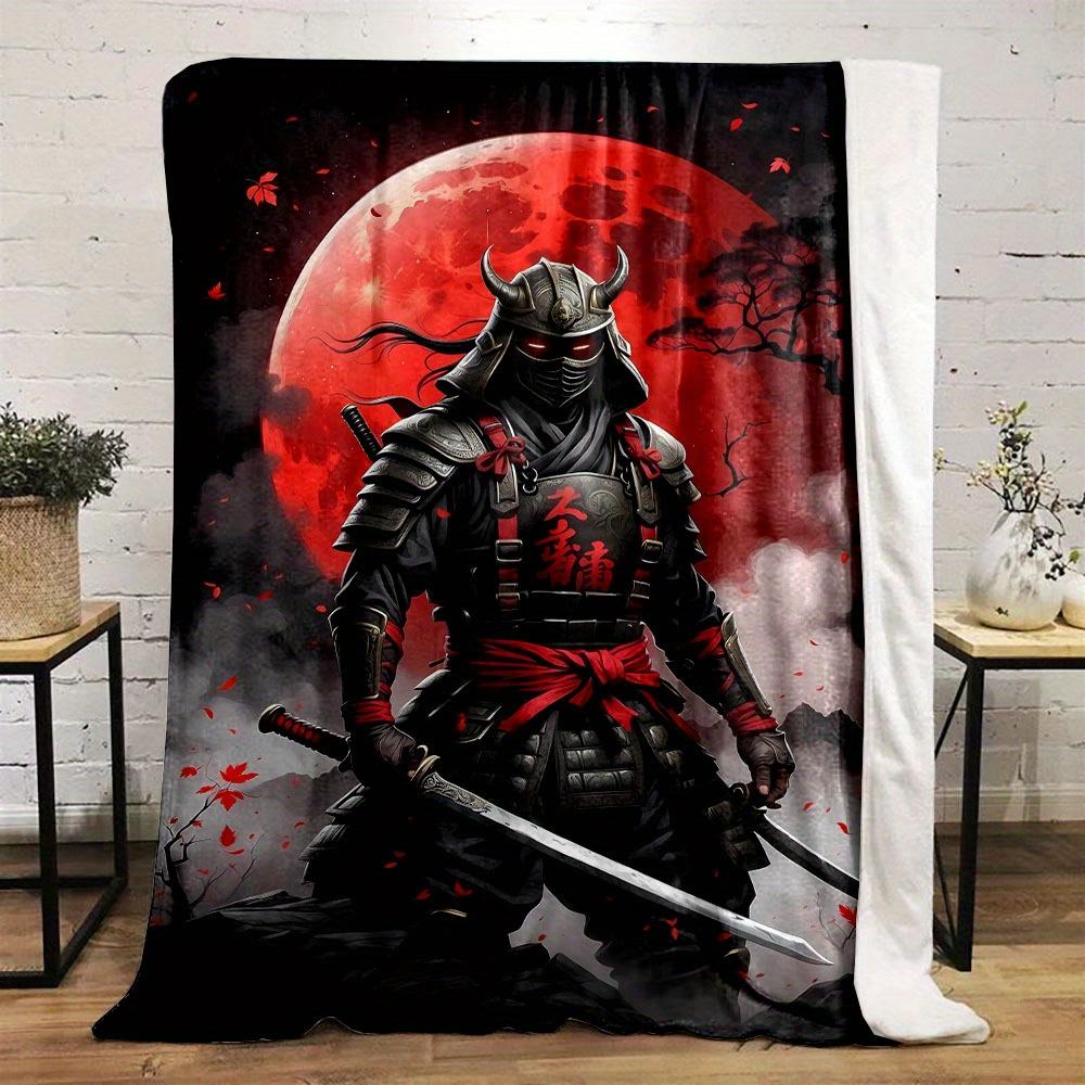Japanese Warrior Sword Red Moon Print Art Blanket - Soft All-Season Multi-Purpose Throw for Sofa, Bed, Travel, Decor & Gift