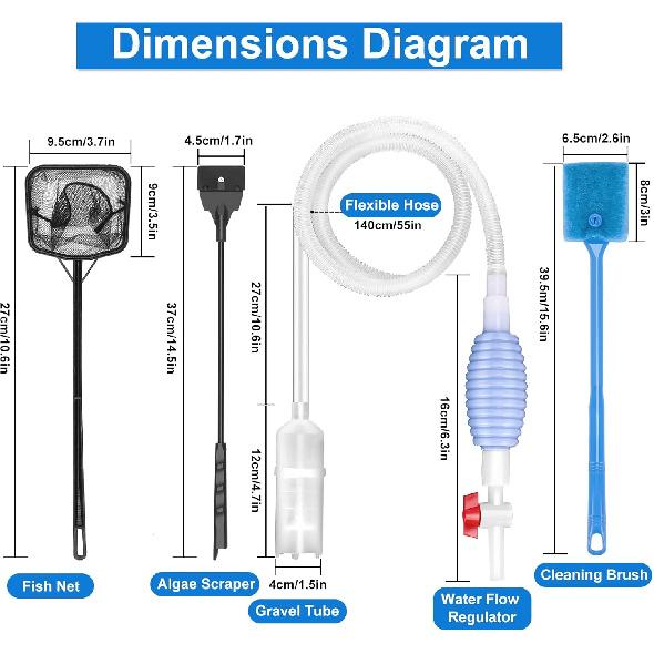 Fish Tank Cleaning Kit Set of 4 Pieces, Aquarium Siphon Algae Scraper Aquarium Net Algae Remover for Fish Tank, Aquarium Cleaner Vacuum Suitable for