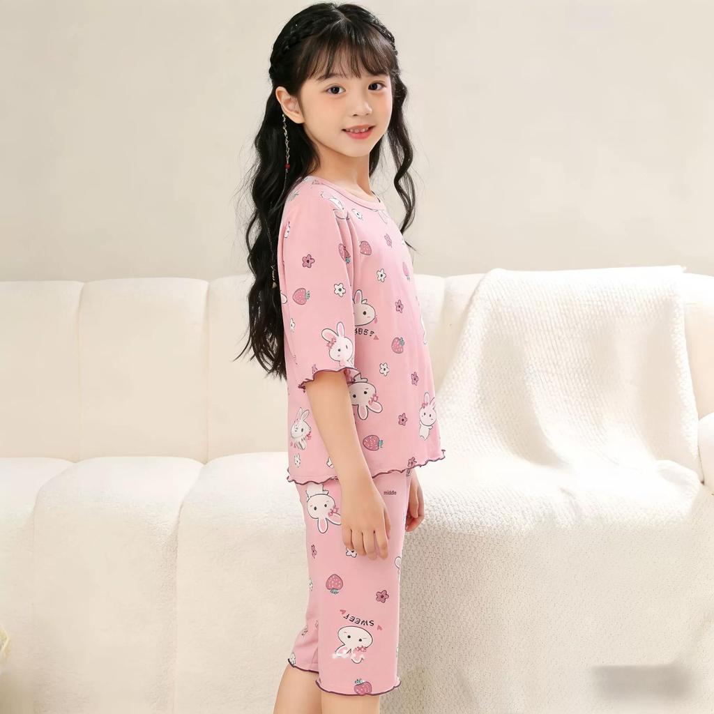 Girls' Modal Summer Pajama Set: Lightweight, Seven-Sleeve Baby Lounge Wear for Air Conditioning.