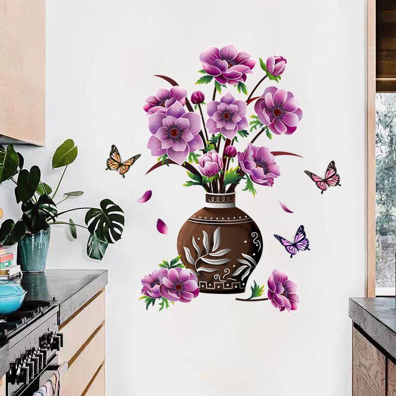 Chinese Style Peony Flower Vase Wall Sticker for Bedroom Living Room Self Adhesive Vinyl Wall Art Removable TV Background Decoration Home Decor