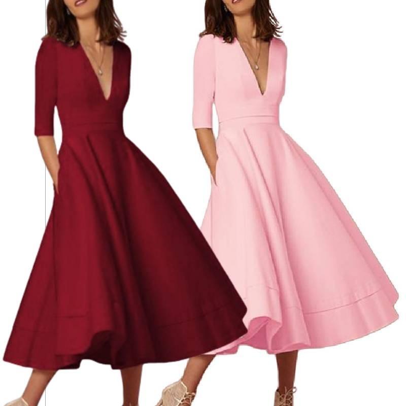 Robe élégante et décontractée en maille pour femme, avec col en V, disponible en plusieurs couleurs.