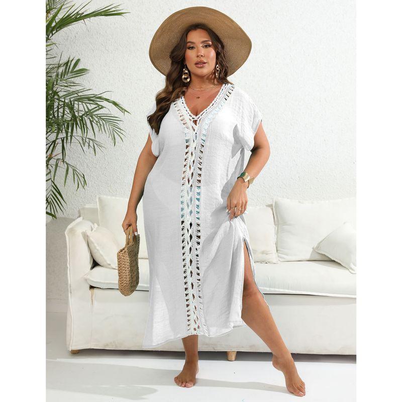 

Vacation Beach Cover up European and American Plus size women clothing Hand Crocheting Contrast Color Patchwork Deep V Split Dress 200250 White All yards