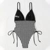 Women One Piece Set Swimsuit Striped Print Backless Puch Up Sexy Women's Swimwear Bandage Ruched Female Bathing Suit Beachwear