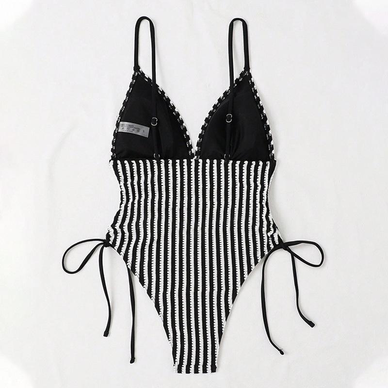 Women One Piece Set Swimsuit Striped Print Backless Puch Up Sexy Women's Swimwear Bandage Ruched Female Bathing Suit Beachwear