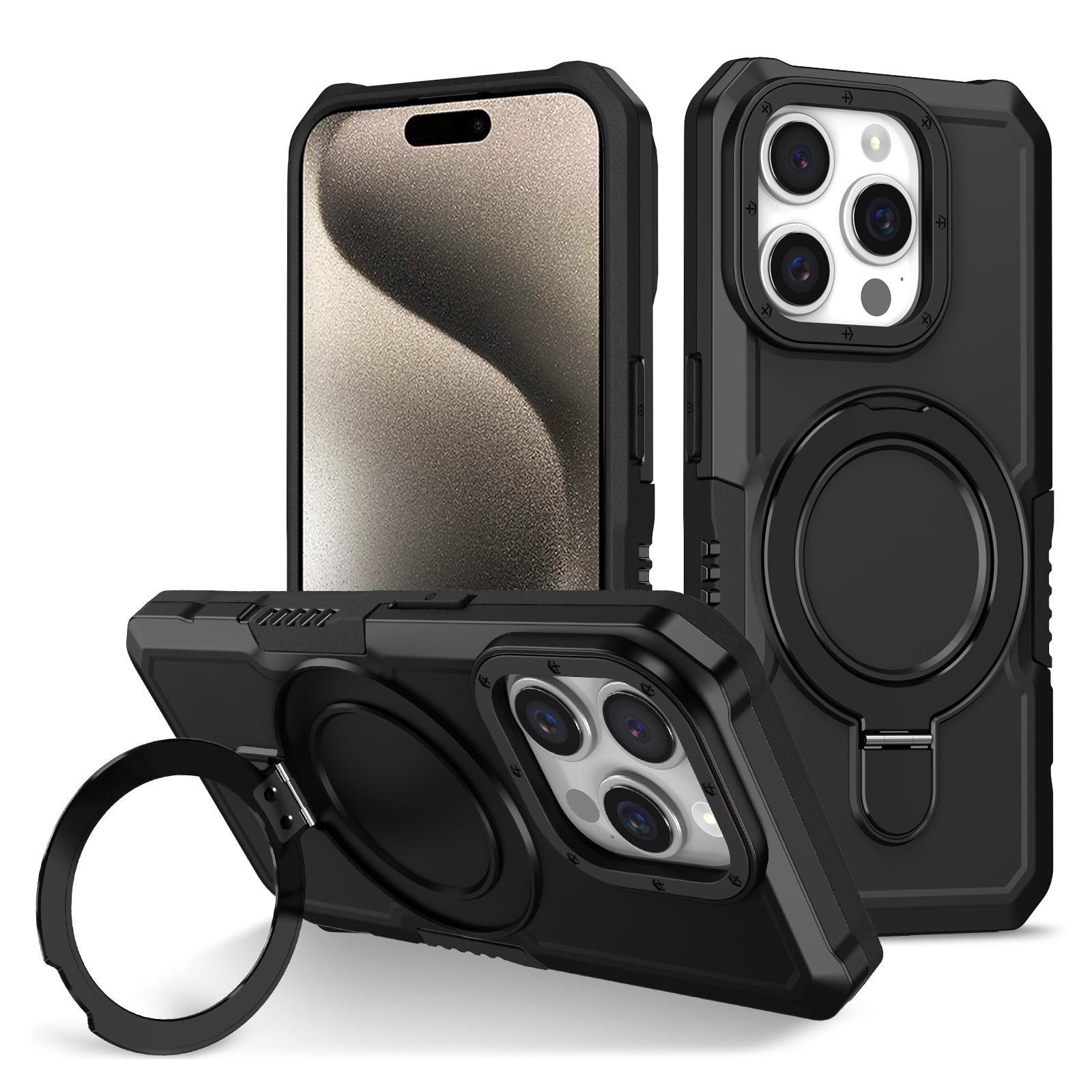 

For iPhone 15 Pro Max Ring Kickstand Case TPU+PC Magnetic Phone Cover Black