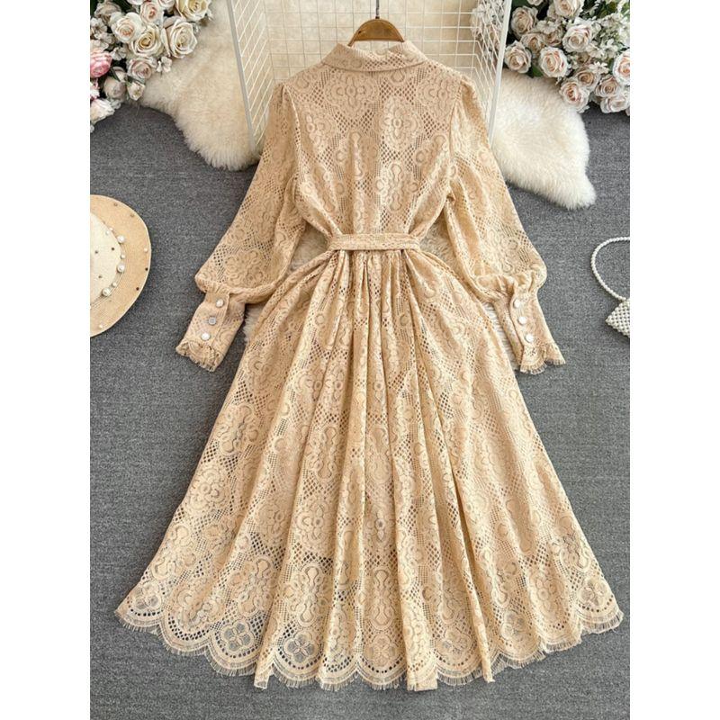 Socialite Lantern Long Sleeve Single-Breasted Dress Lace