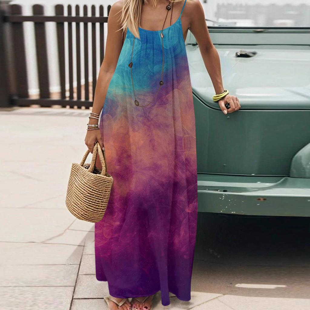 Dámské Módní Ležérní Volné Šaty s Květinovým Potiskem a Úzkými Ramínky Bez Zad