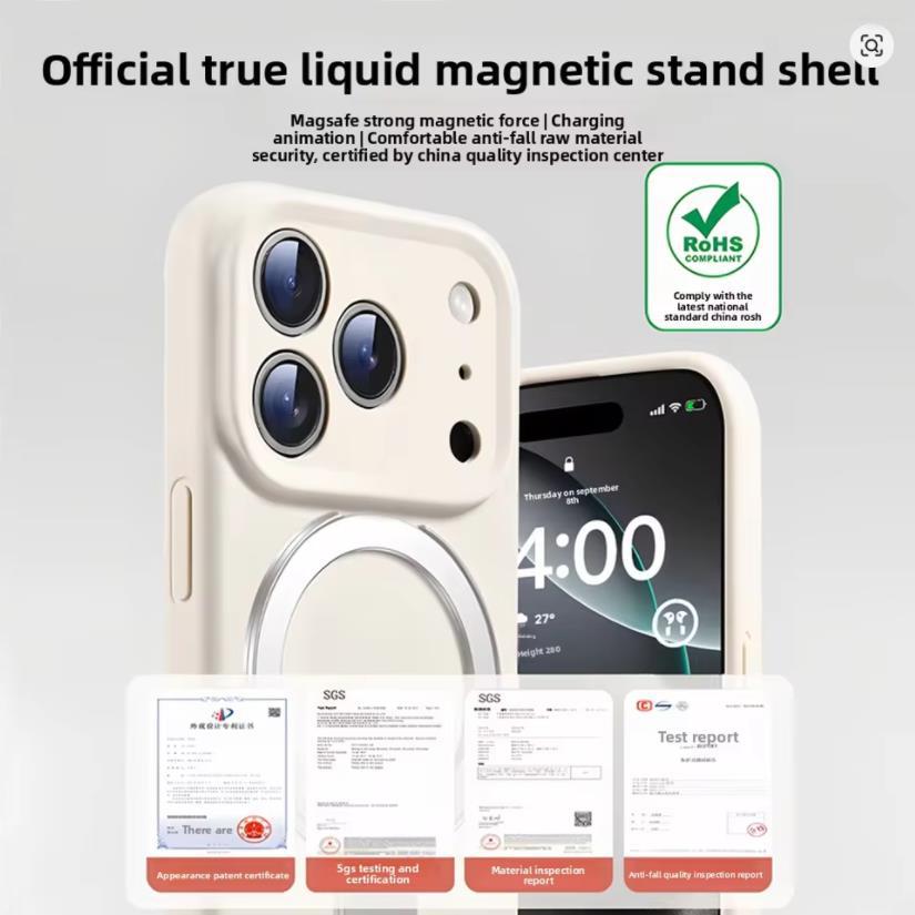 Liquid Silicone Case For Iphone 17 16 15 14 13 12 11 Pro Plus Max Air Magsafe Metal Stand Lens Full Protection Fine Grip Cover