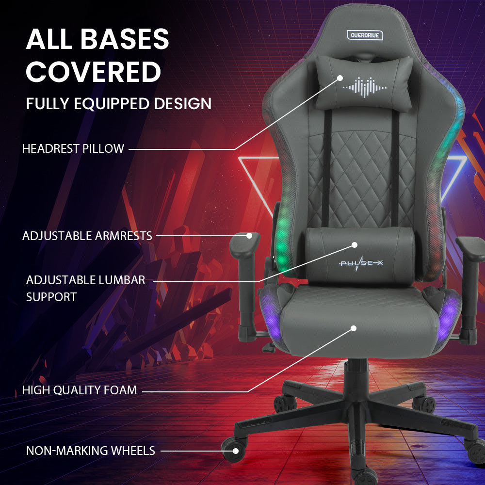 Office Chairs Overdrive Gaming Chair With Bluetooth Speakers Rgb Led Lights Reclining Game Armchair Grey