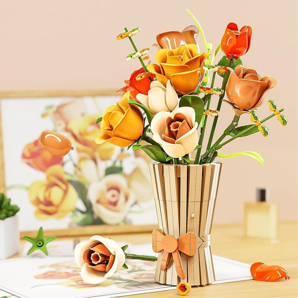 Roses Flower Bouquet Building Set,868 Pcs Artificial Flower Kit,Plant Bonsai Tree Building Blocks,Valentine's Birthday Botanical Adults Friends