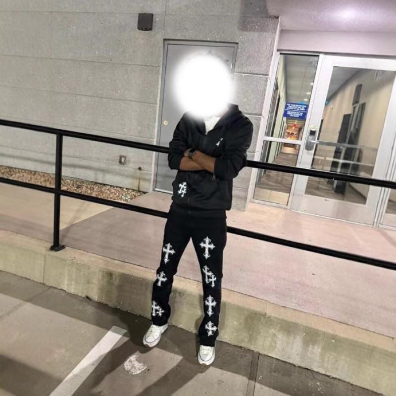 Unisex Streetwear Kapuzen-Reißverschluss-Sweatshirt Mit Kreuz-Print Lockere Passform Langarm Schwarz