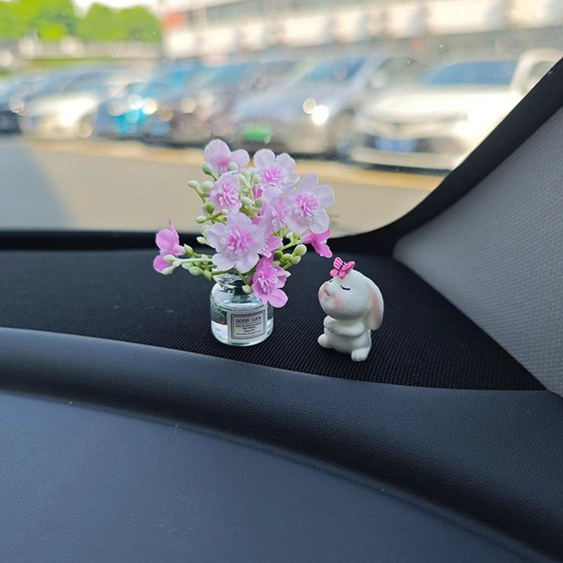 Cute Rose Flower Vase And Rabbit Car Interior Decoration Ornaments Auto Center Console Decoration Gadgets For Car Accessories