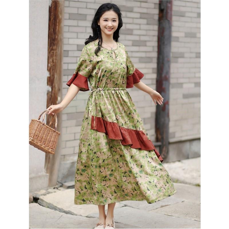 Johnature Woman Summer Fashion Print Devise Half Sleeve Dress Splicing Contrast O-Neck Dress