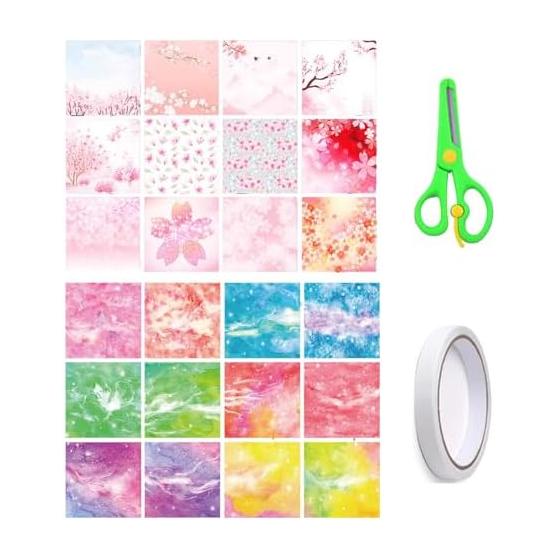 PAVIKE Origami Cute Double-Sided Origami 100 Pieces Cherry Blossom Starry Sky Origami Set with Double-Sided Tape and Scissors Flower Paper Handicraft